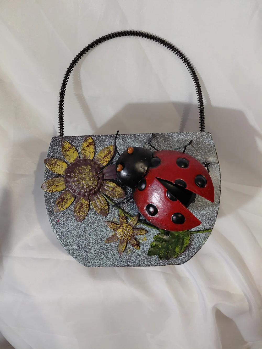 Whimsical Ladybug Floral Pot/ Container in Red, Yellow & Silver